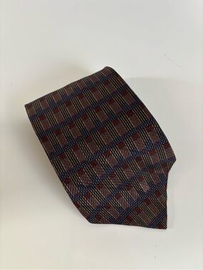 Vintage Calvin Klein Brown and Navy Geometric Silk Tie with Maroon Accents